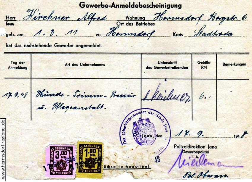 Gewerbeanmeldung vom 17.09.1948 Alfred Kirchner als Hundetrimmer.